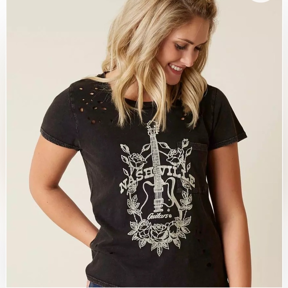 LUCKY BRAND T-Shirt Womens Small Black Distressed Nashville Guitar Roses Graphic - Picture 2 of 15